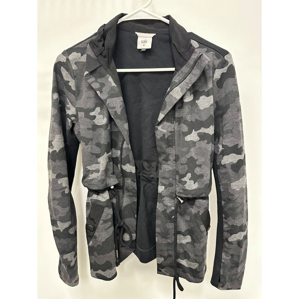 Cabi Pursuit Jacket 3911 Gray Camo Black Zip Up Drawstring Waist XS